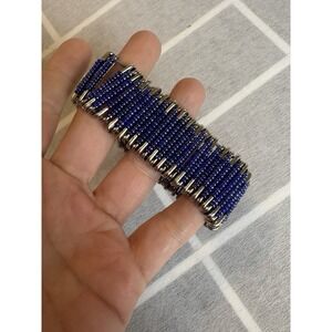 Vintage 90s Handmade Silver & Blue Safety Pin Bead Steampunk Edgy Goth Bracelet